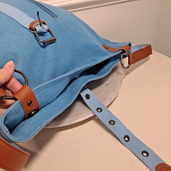 Light Blue Denim Backpack with Camel PU Trim, 2 Sections, Pockets, EUC main image 12